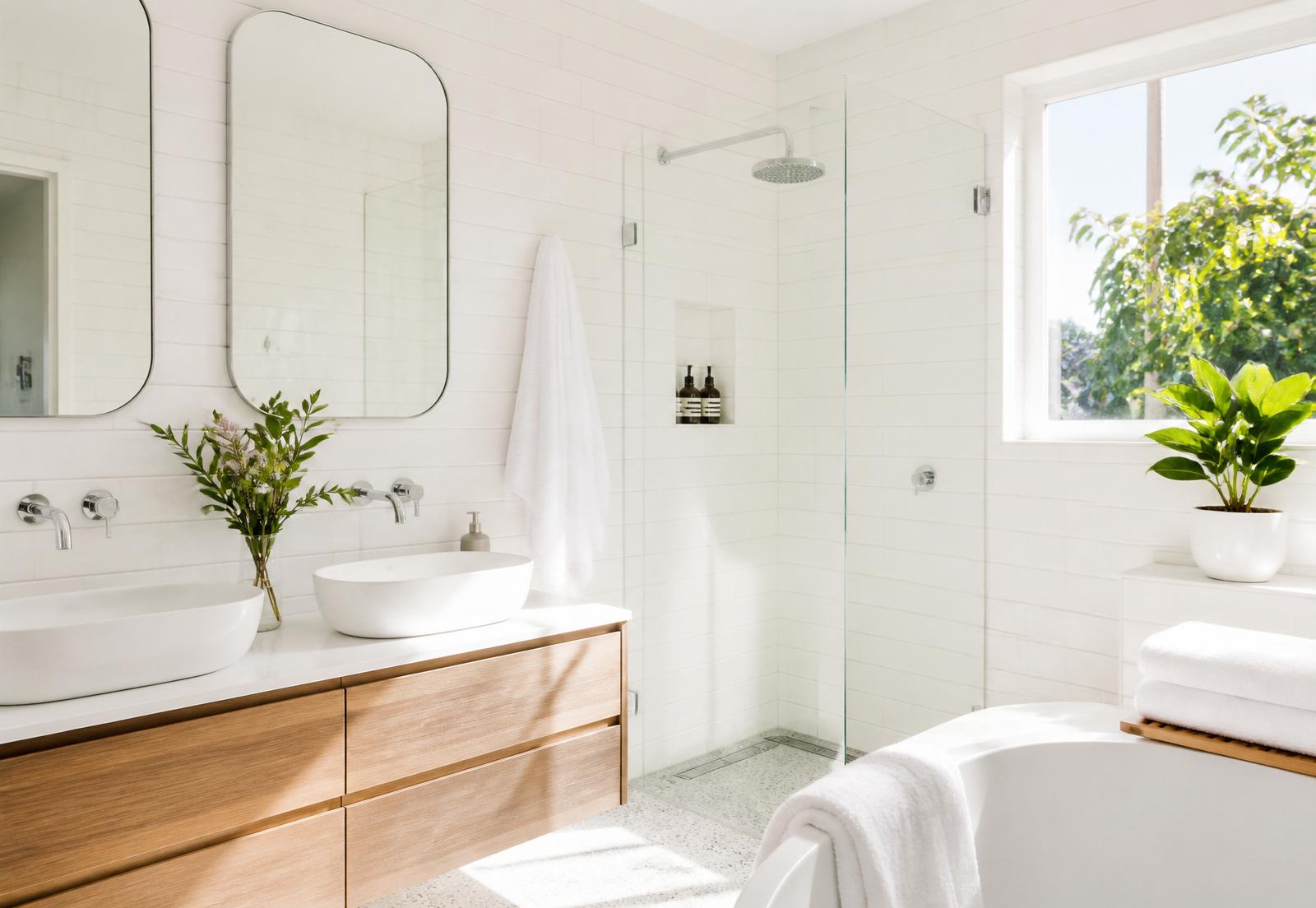Bright, professionally cleaned modern bathroom with sparkling white tiles